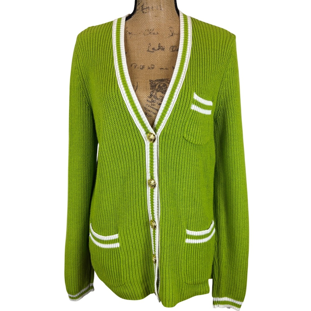 Jones New York Varsity Cardigan Button Front Avocado Green Bright Preppy Large
